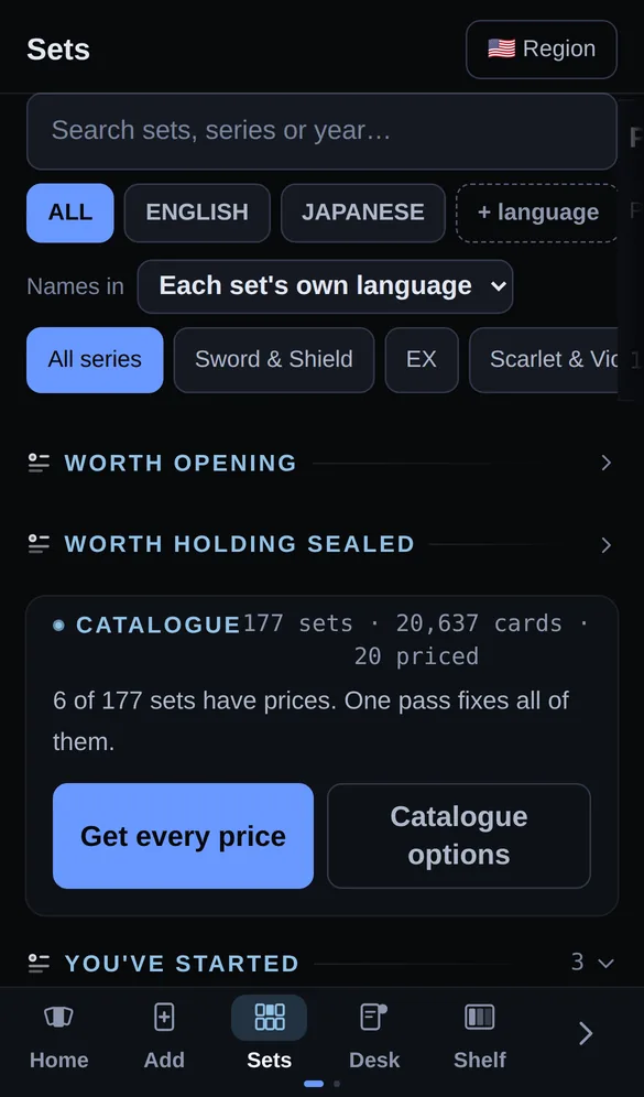 The sets screen: a search box, language filters, and an upcoming set with its release date and how many cards are confirmed.
